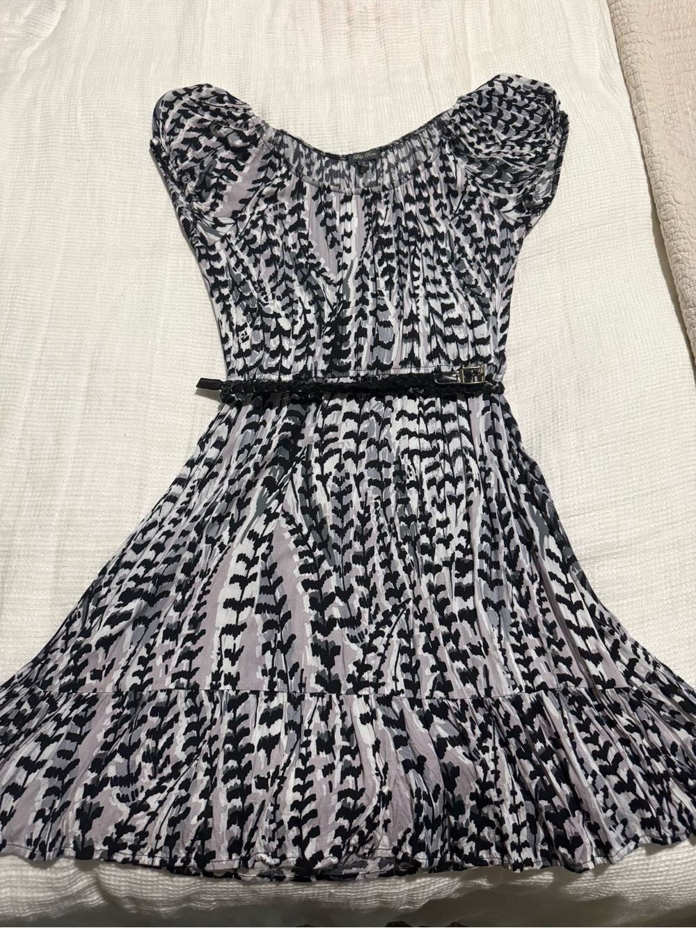 Lily Rose Black and White Printed Dress with Slim Belt